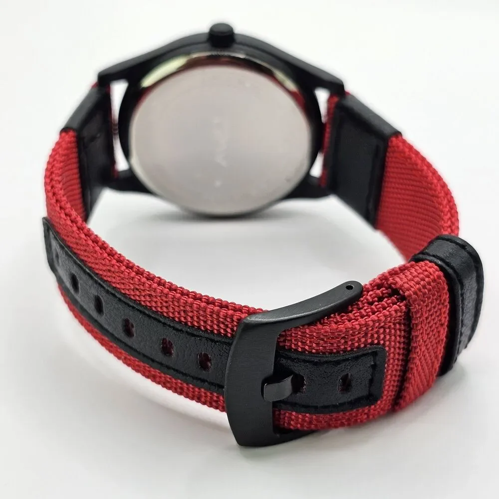 Men's 42MM Military Field Watch Black Case Black Dial Red Black Canvas‎ Bands